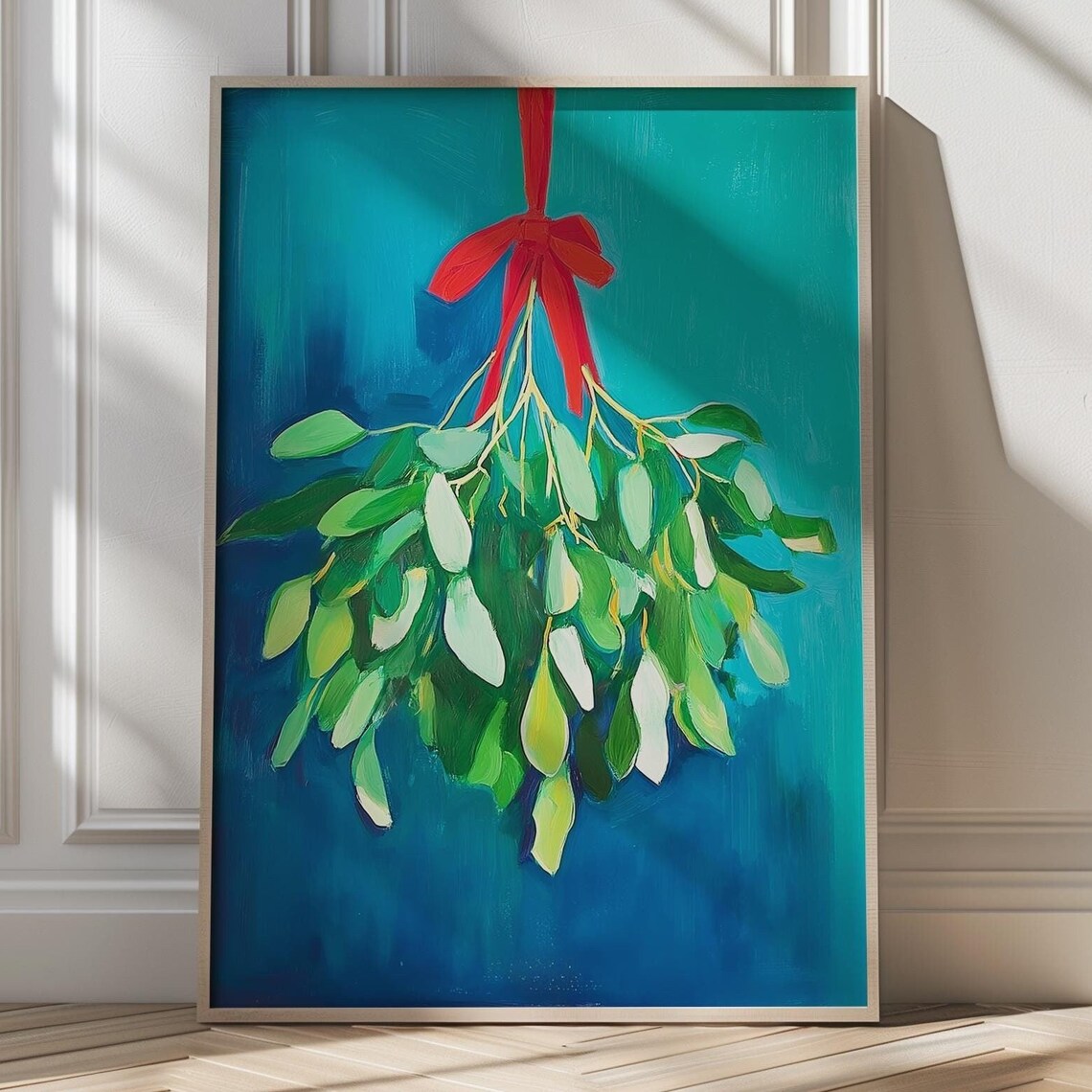 Mistletoe With Red Bow Hanging Against Teal Holiday Art Poster