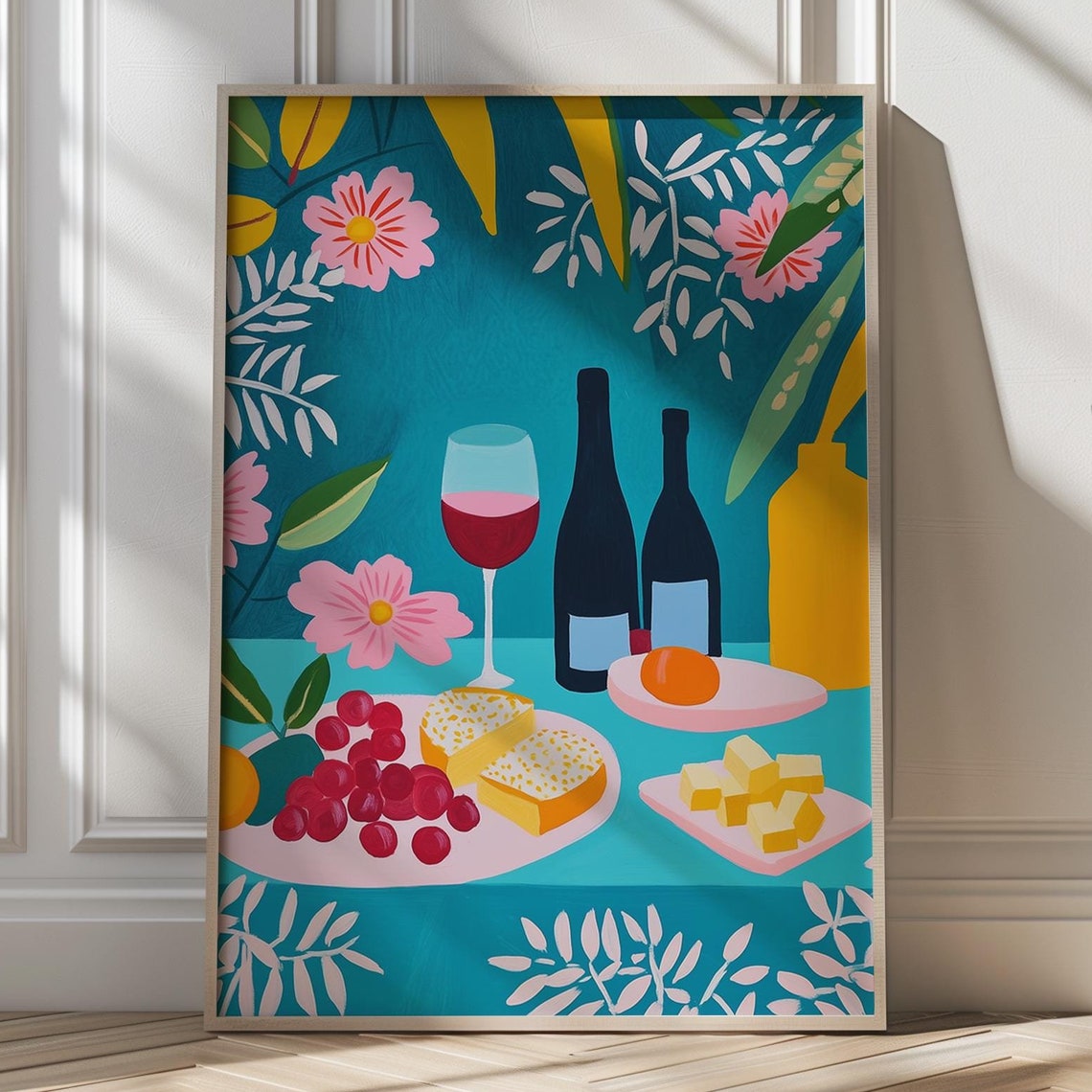 Wine Cheese Fruit Feast Colorful Kitchen Still Life Wall Poster