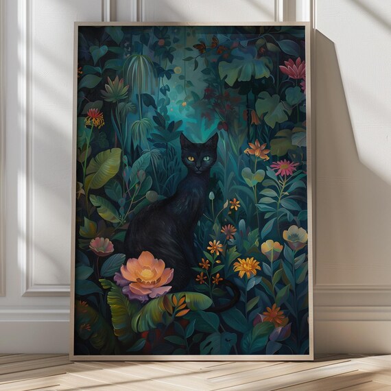 Mysterious Black Cat in a Midnight Jungle Floral Garden Poster