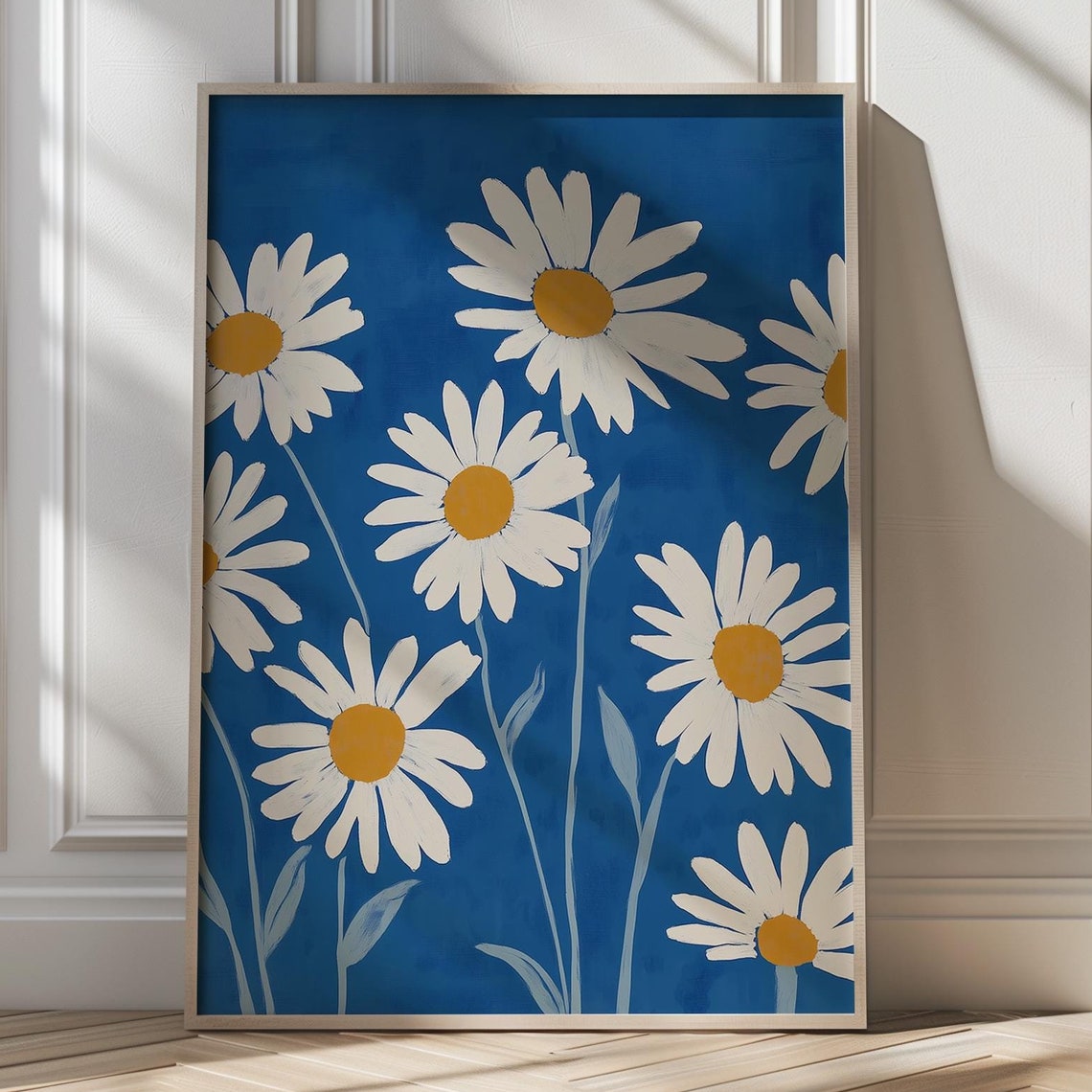 White Daisies On Deep Cobalt Blue Classic Floral Wall Poster