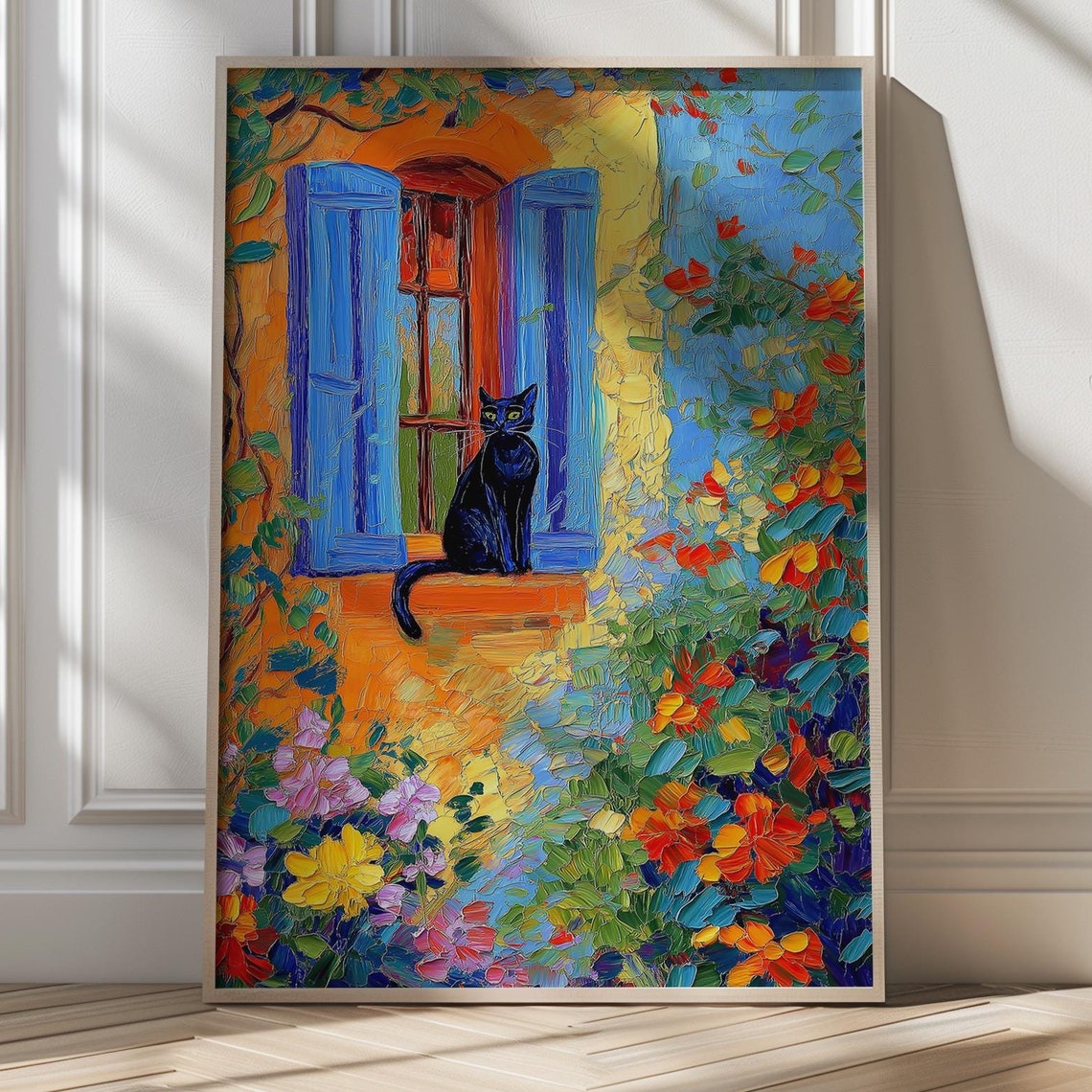 Black Cat on Mediterranean Window with Colorful Flowers Art Poster