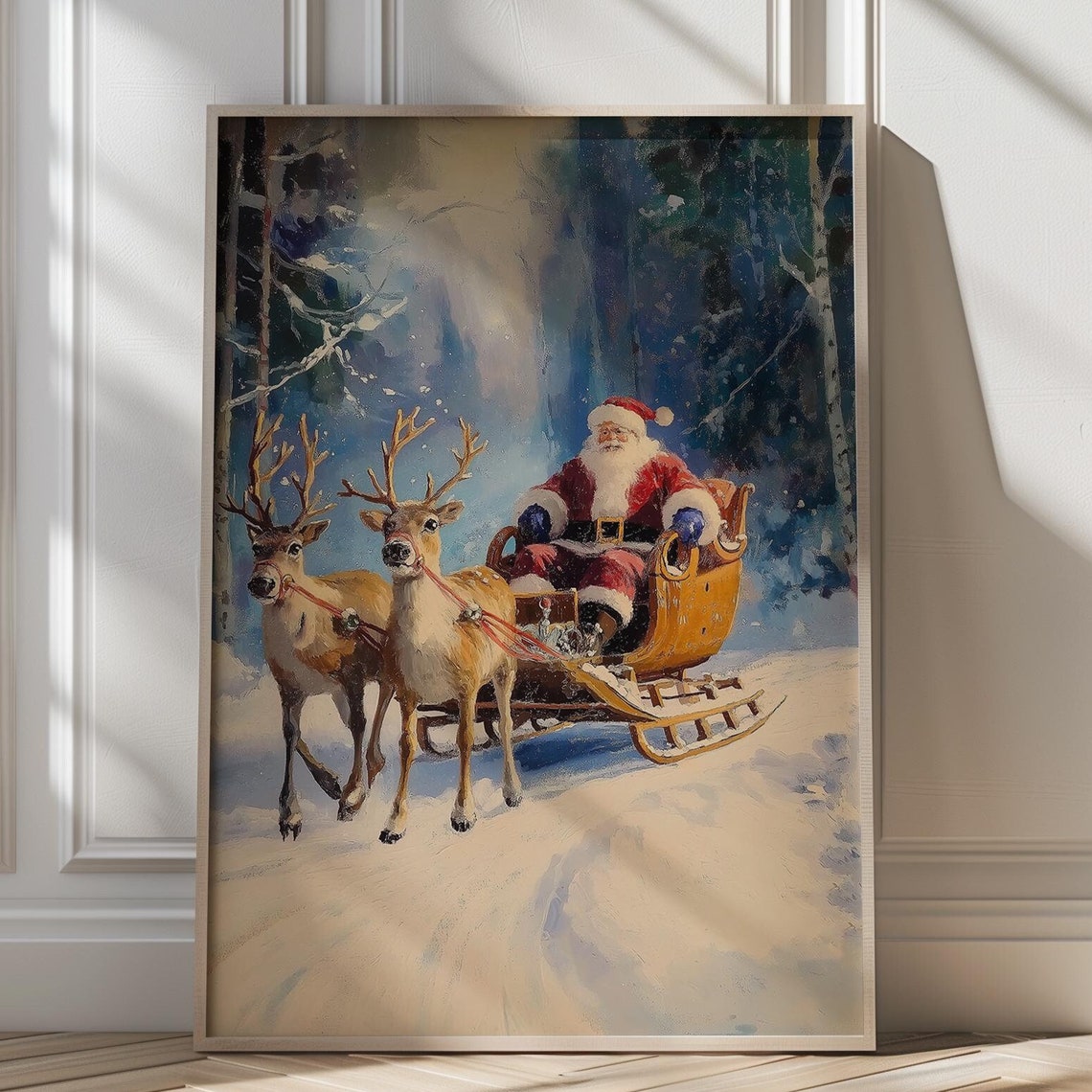 Santa In Sleigh With Two Reindeer Through Snowy Forest Poster