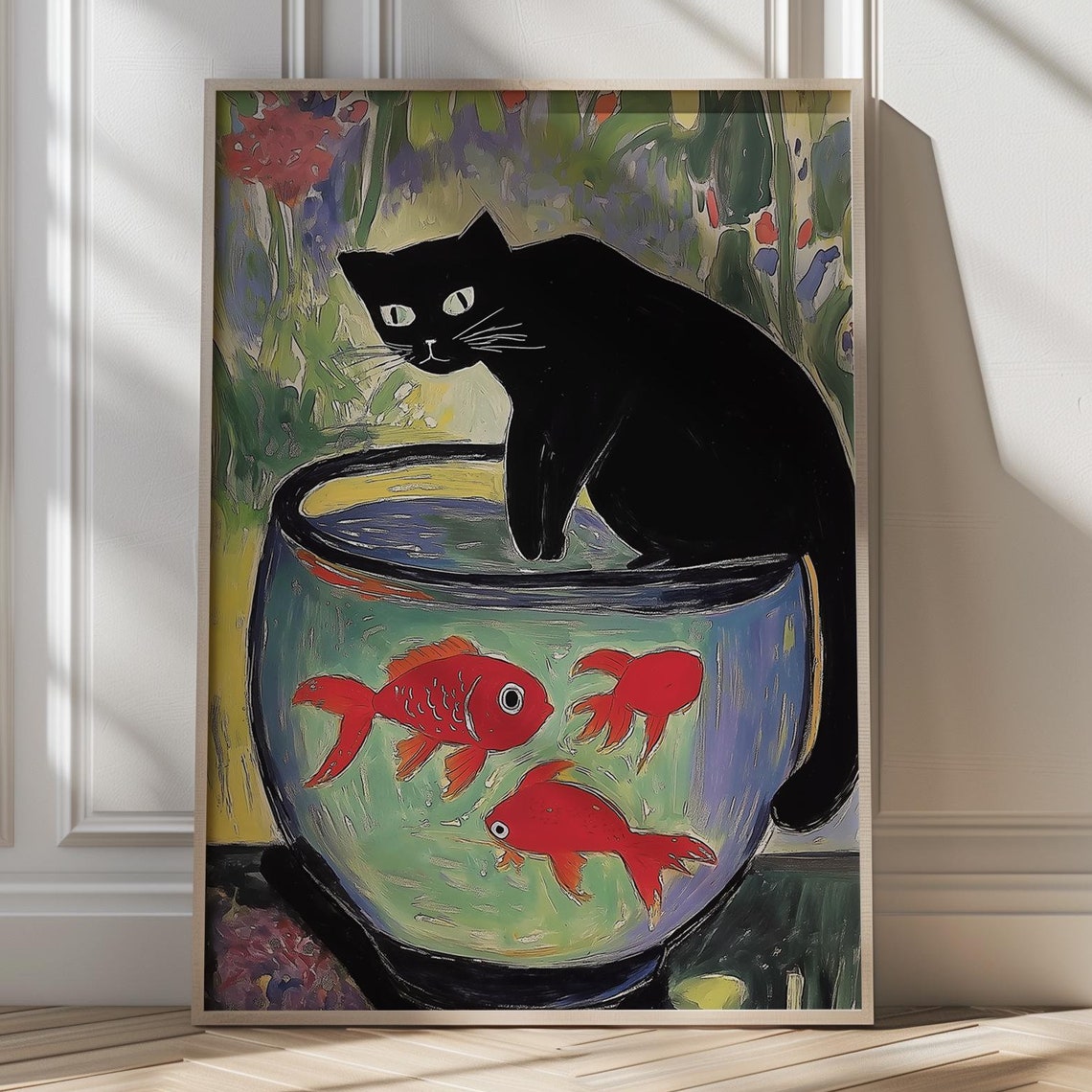 Black Cat Eyeing Red Goldfish Bowl Playful Colorful Art Poster