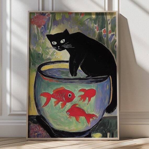 Black Cat Eyeing Red Goldfish Bowl Playful Colorful Art Poster