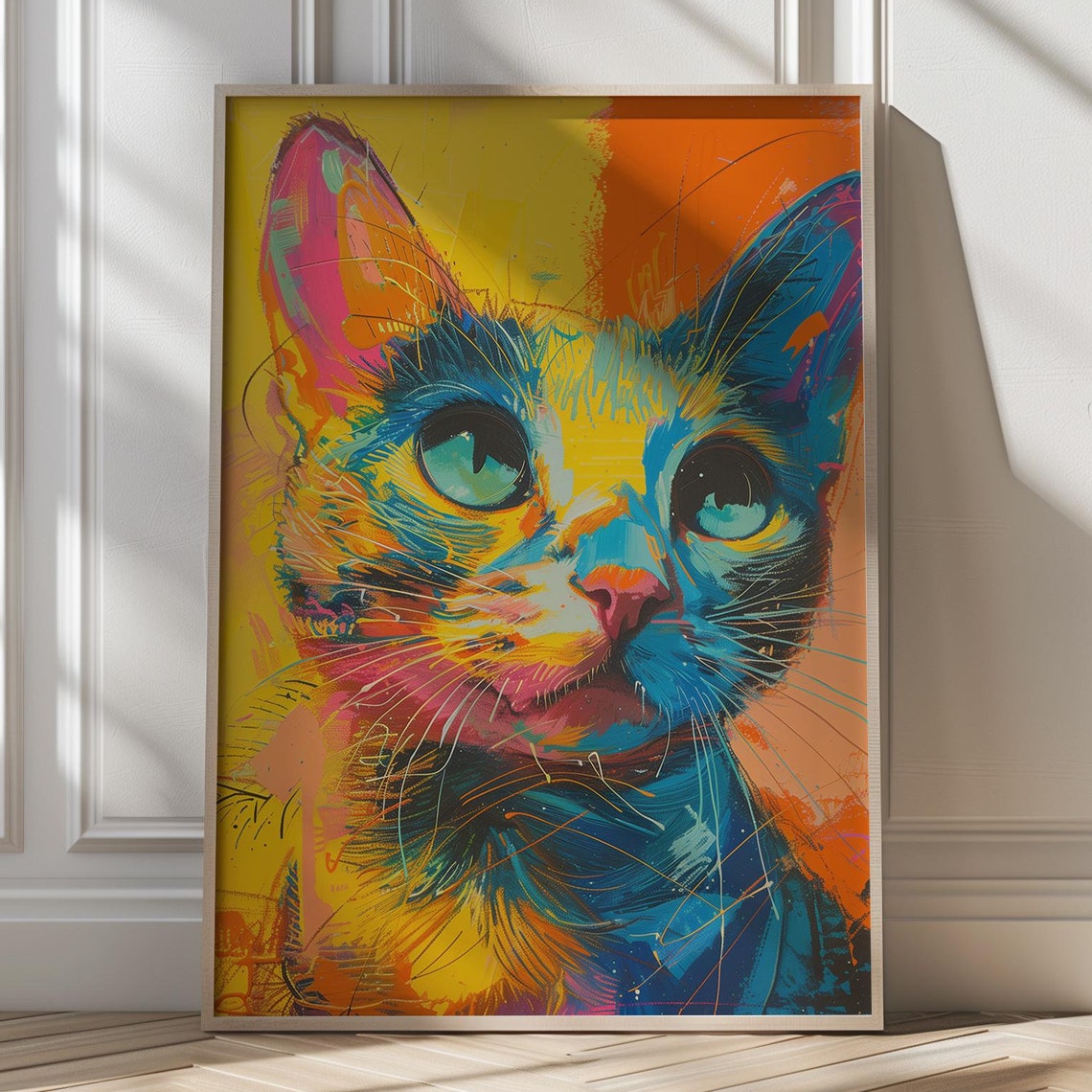 Neon Pop Art Cat Face Vibrant Colorful Modern Portrait Poster