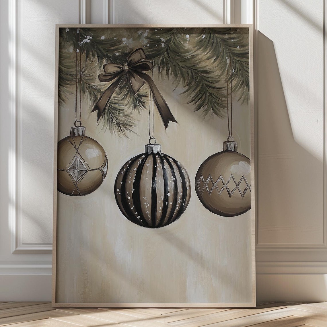 Neutral Beige Baubles Hanging From Pine Bough Holiday Poster