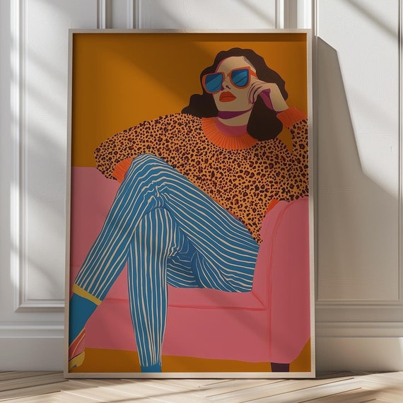 Modern Woman On Sofa Bold Figurative Pop Art Print Vibrant Wall Art Mid Century Inspired Home Decor Dopamine Decor Colorful Maximalist Print