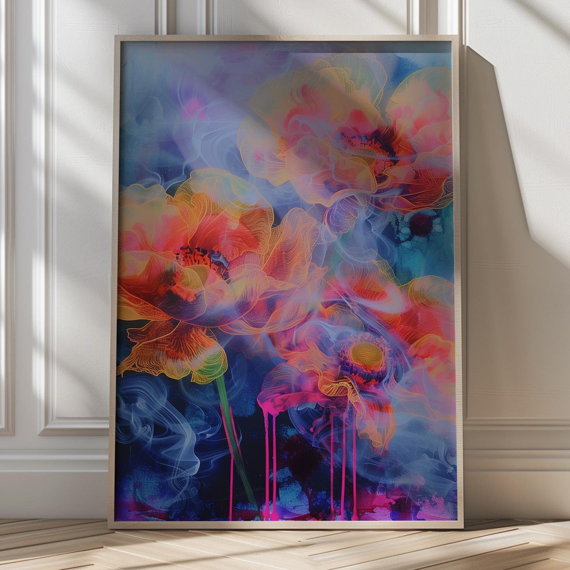 Abstract Neon Floral Art with Pink Paint Drips Dark Moody Poster