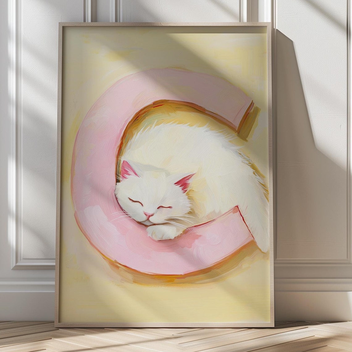 Sleeping White Cat Letter C Pastel Nursery Art Poster for Kids Room
