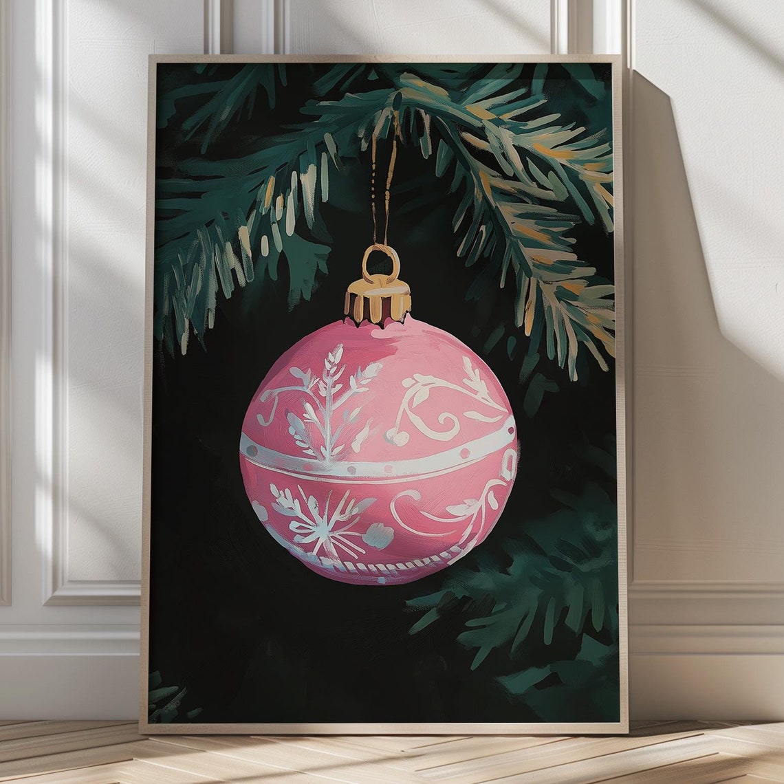 Pink Christmas Bauble Ornament Hanging On Pine Branch Poster