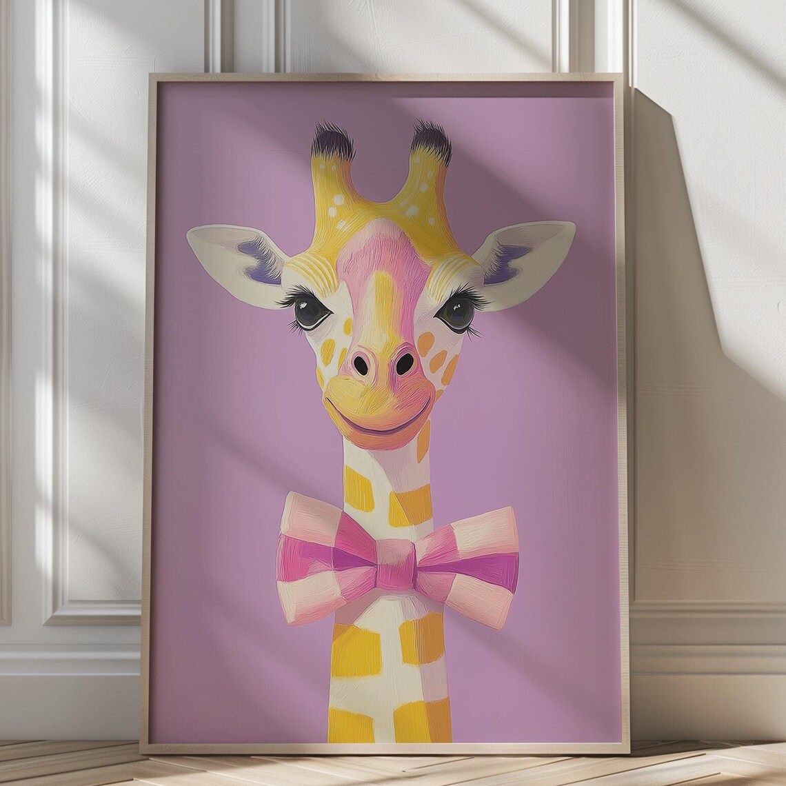Sweet Yellow Giraffe With Pink Bow on Purple Kids Nursery Poster