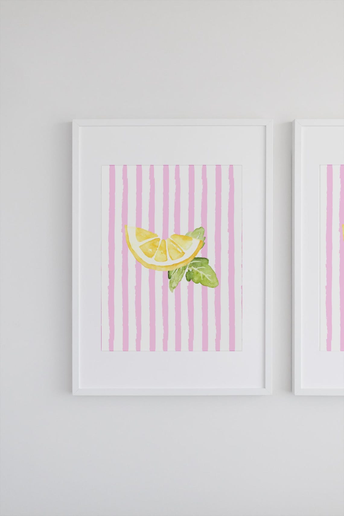 Lemon Slice Watercolor on Pink Stripes Citrus Kitchen Poster
