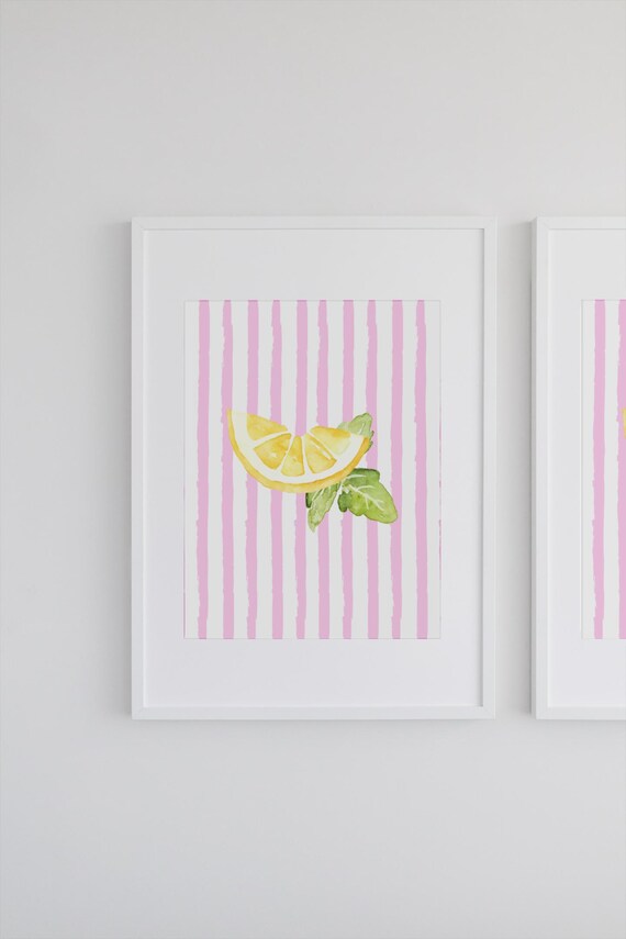 Lemon Slice Watercolor on Pink Stripes Citrus Kitchen Poster