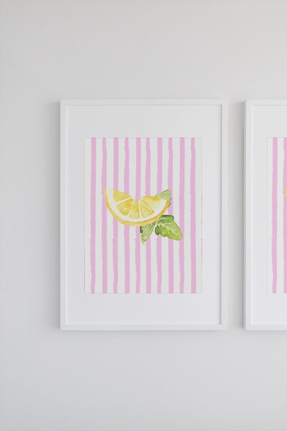 Pink Striped Lemon Print Instant Wall Art Trendy Decor Living Room Kitchen Childrens Amalfi