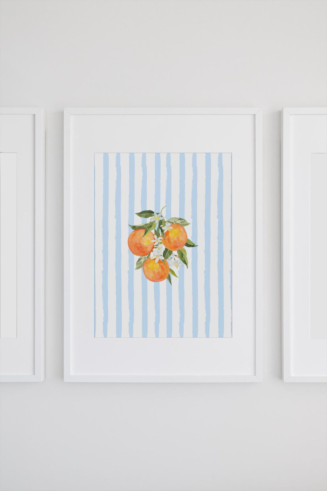 Watercolor Orange Branch with Blossoms on Blue Stripes Poster