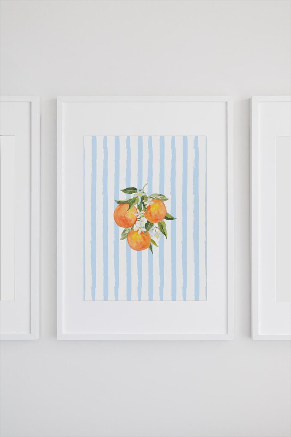 Watercolor Orange Branch with Blossoms on Blue Stripes Poster