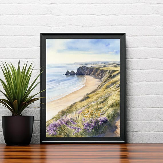 Gower Peninsula Watercolor Painting Wales Travel Poster