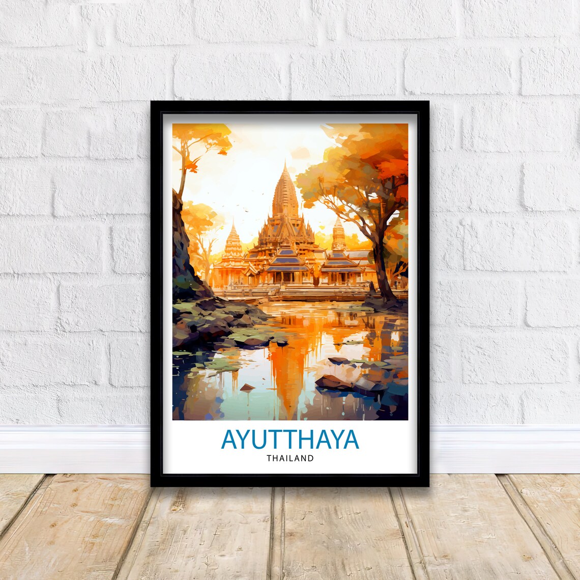 Ayutthaya Thailand Golden Temple Ruins Canal Art Travel Poster - Image 2