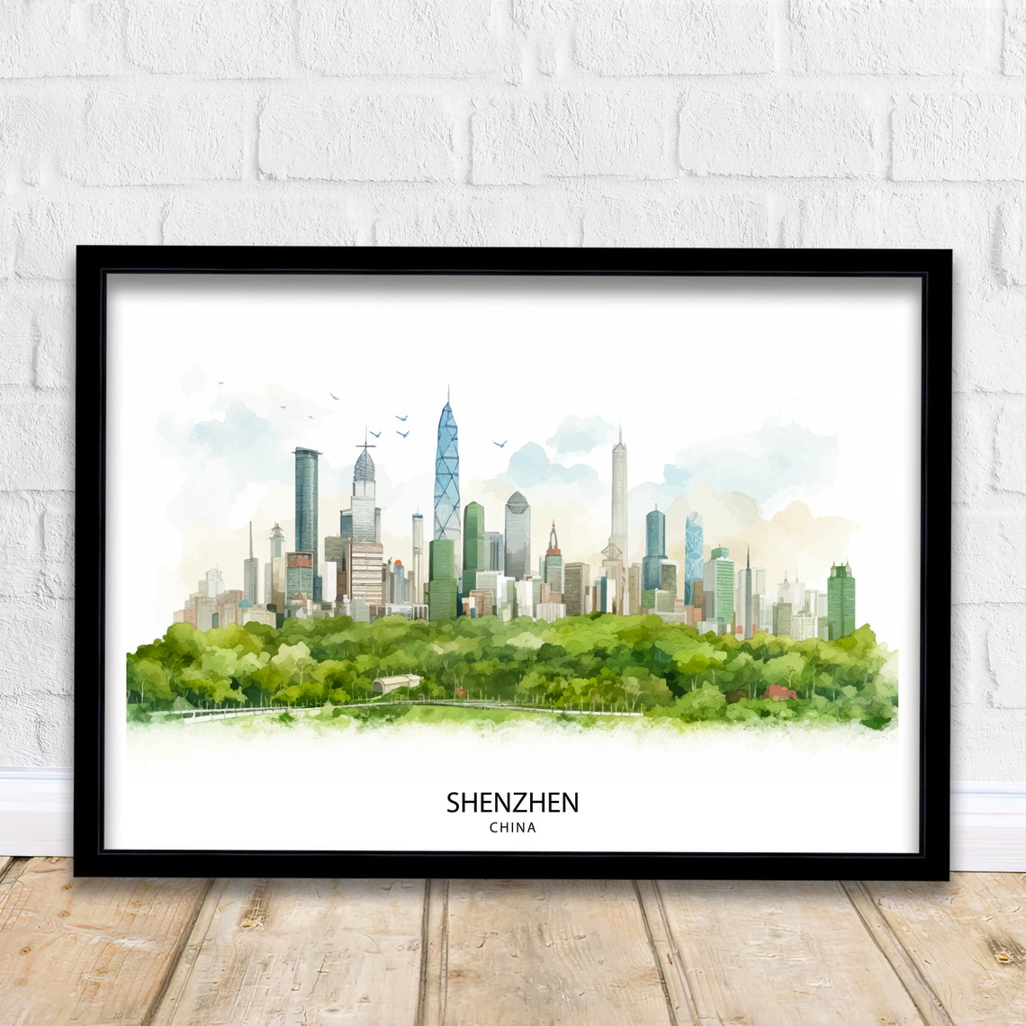 Shenzhen China Modern Skyline Green Park Watercolor Art Poster