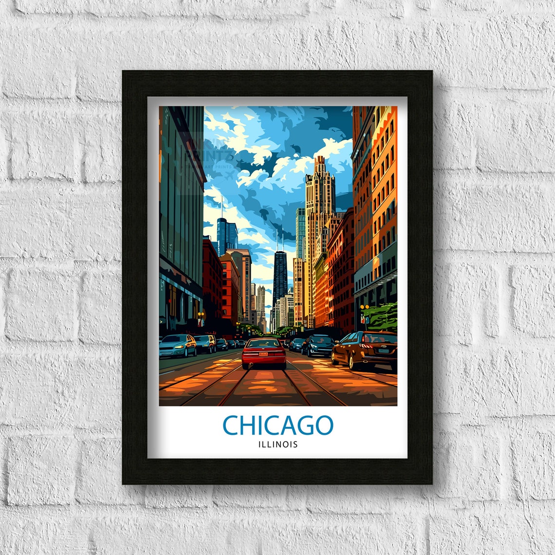 Chicago Illinois Downtown Street Skyscraper Sunset City Travel Poster - Image 3