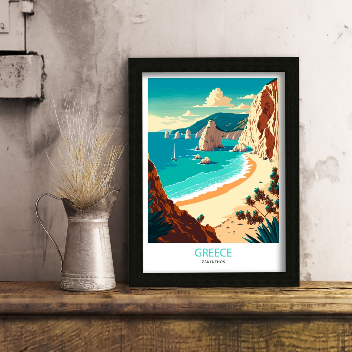 Zakynthos Greece Limestone Sea Stacks Beach Retro Travel Poster - Image 3