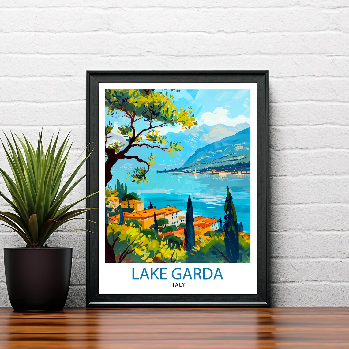 Lake Garda Italy Travel Poster Lakeside Town Cypress Mountain Art - Image 2