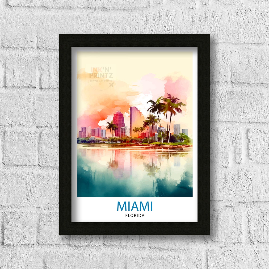 Miami Florida Skyline Palm Trees Sunset Watercolor Travel Poster - Image 3