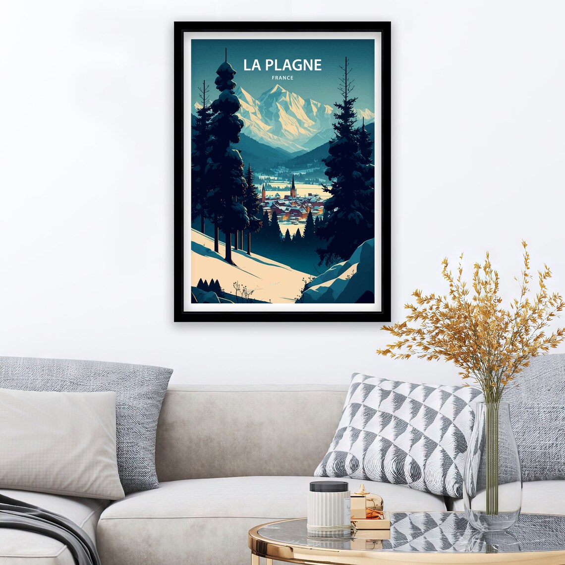 La Plagne France Snowy Village Church Spire Alpine Travel Poster - Image 3