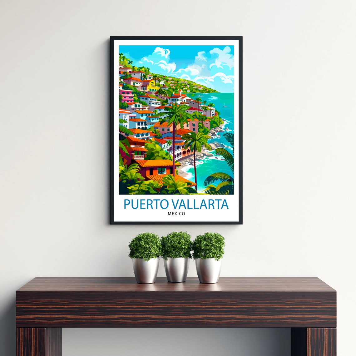 Puerto Vallarta Mexico Colorful Hillside Bay Palms Travel Poster - Image 3