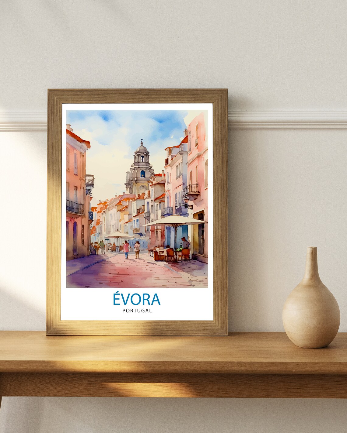 Evora Portugal Watercolor Old Town Square Church Tower Travel Poster - Image 3
