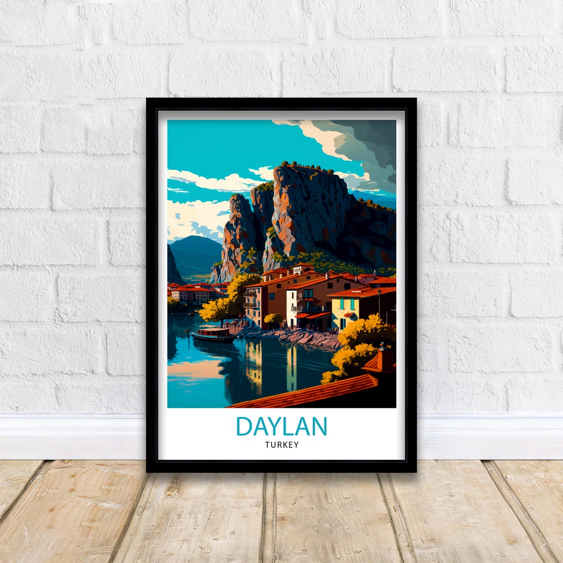 Daylan Turkey Waterfront Old Town Towering Rock Cliffs Travel Poster - Image 3