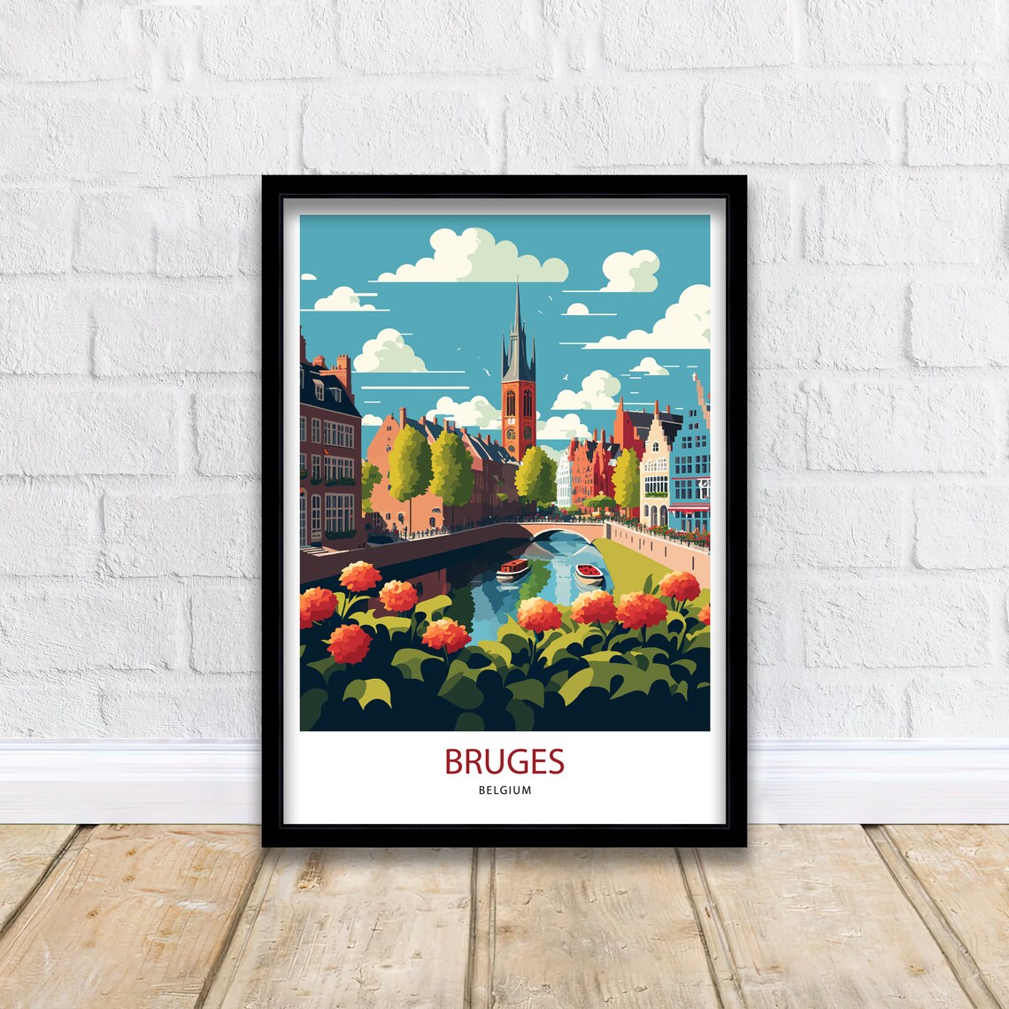 Bruges Belgium Medieval Canal Church Tower Brick Town Travel Poster