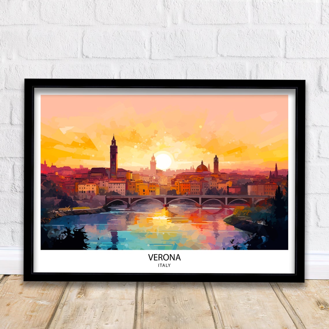 Verona Italy Sunset Skyline River Bridge Vintage Travel Poster