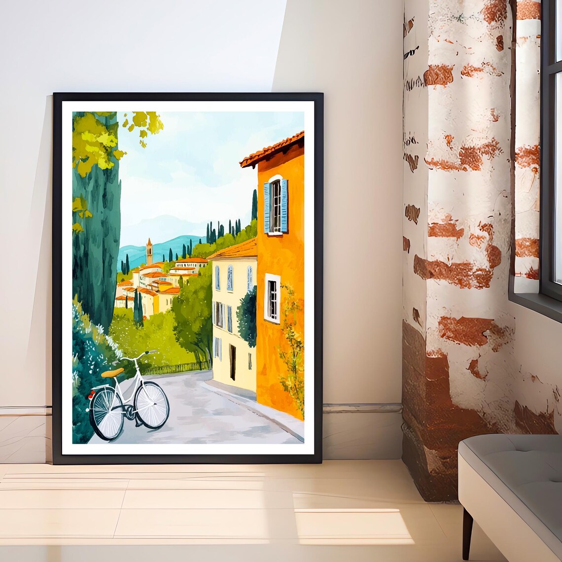Florence Italy Tuscan Hill Street Bicycle Watercolor Scene Poster