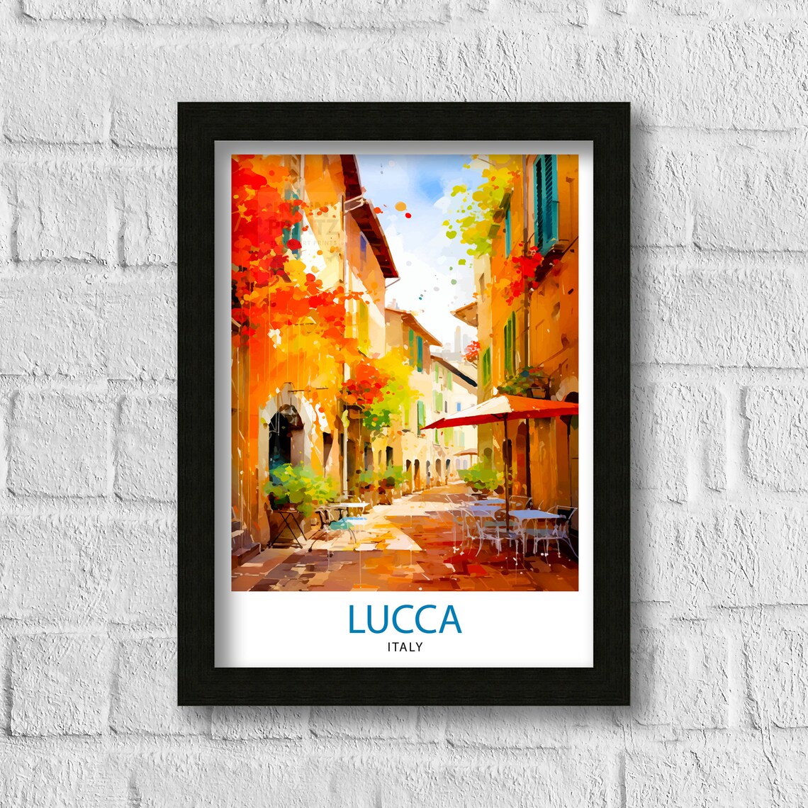 Lucca Italy Sunlit Old Town Street Cafe Watercolor Art Poster - Image 3