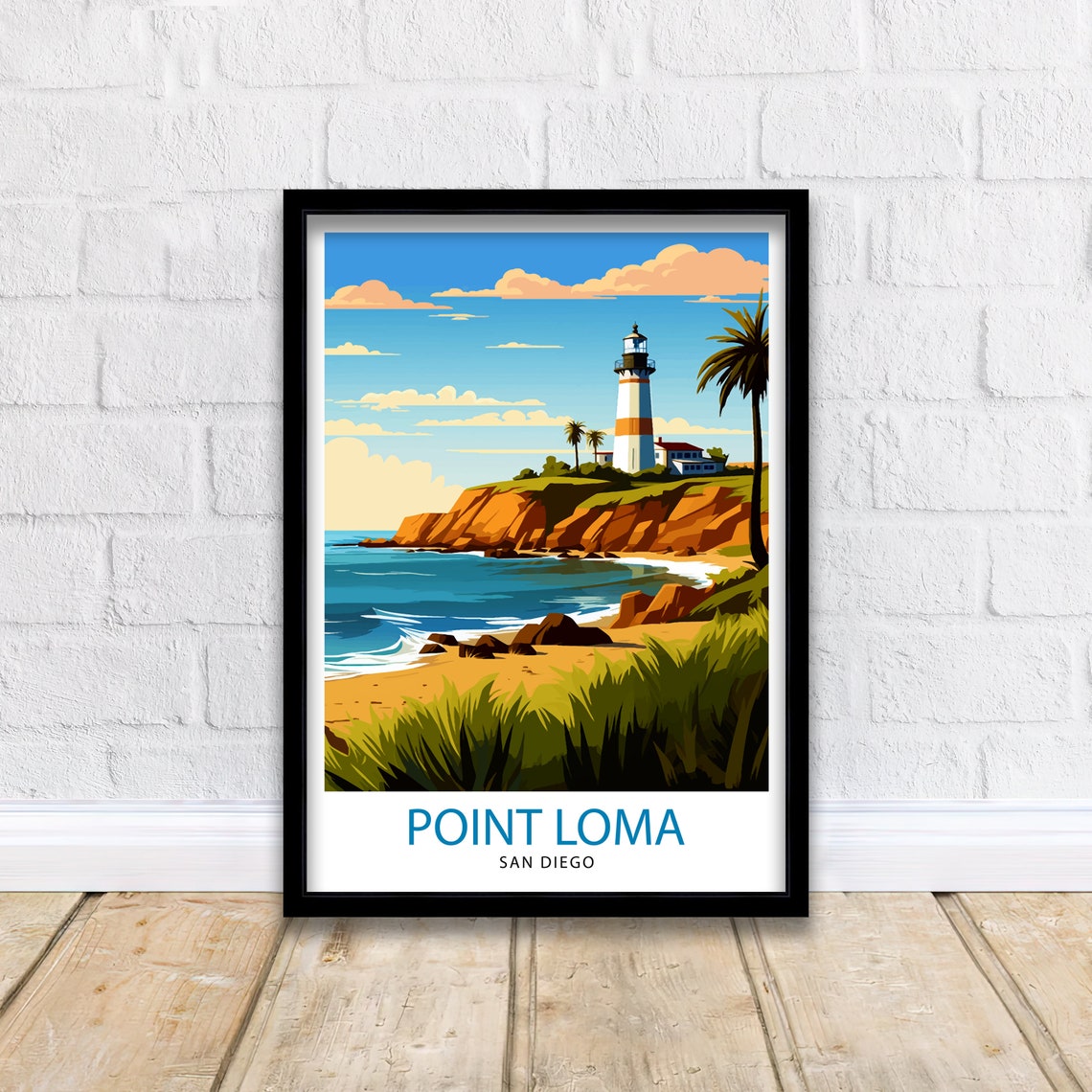 Point Loma San Diego Lighthouse Cliffs Palm Trees Coastal Art Poster - Image 2