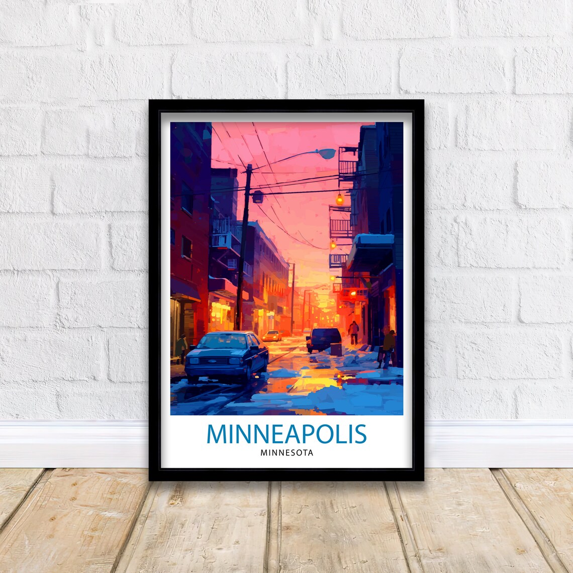 Minneapolis Minnesota Snowy Winter Street Sunset Travel Poster - Image 2
