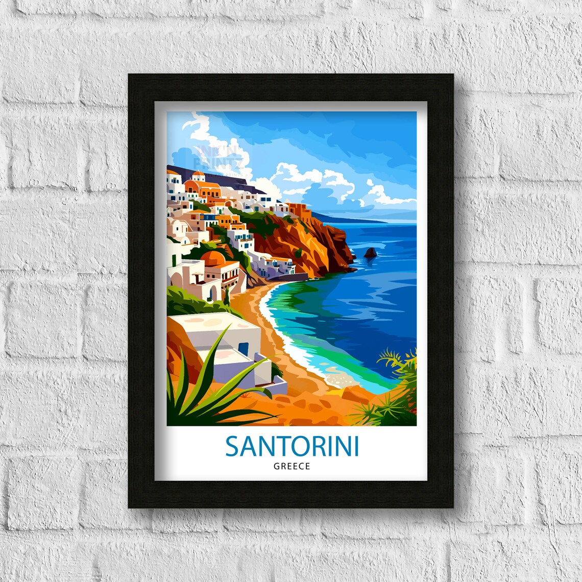 Santorini Greece Cliffside White Houses Beach Blue Sea Travel Poster - Image 3