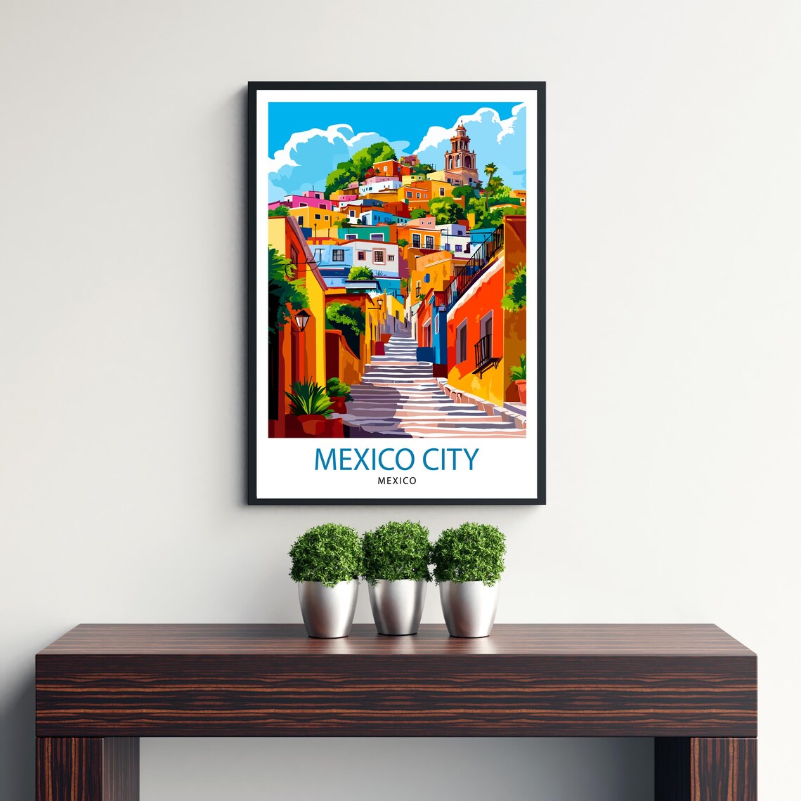 Mexico City Colorful Colonial Street Steps Church View Poster - Image 3