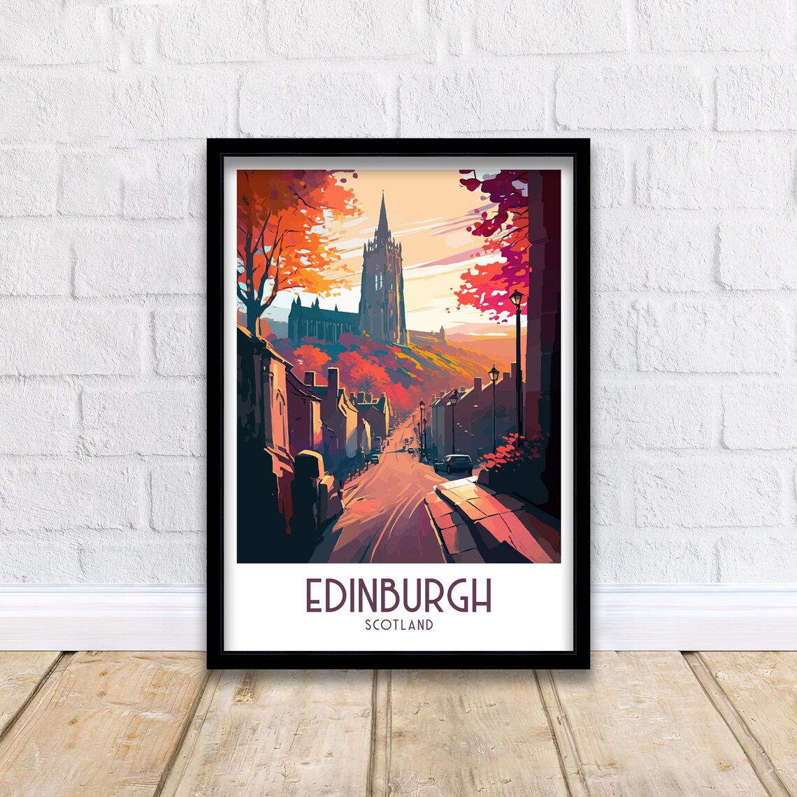 Edinburgh Scotland Autumn Street Historic Spire Sunset Travel Poster - Image 2
