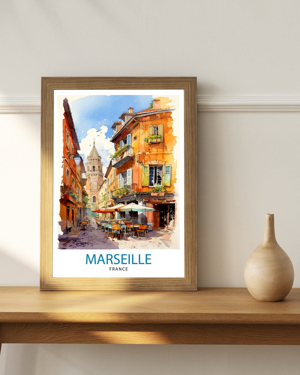 Marseille France Old Town Street Cafés Watercolor Scene Poster - Image 3
