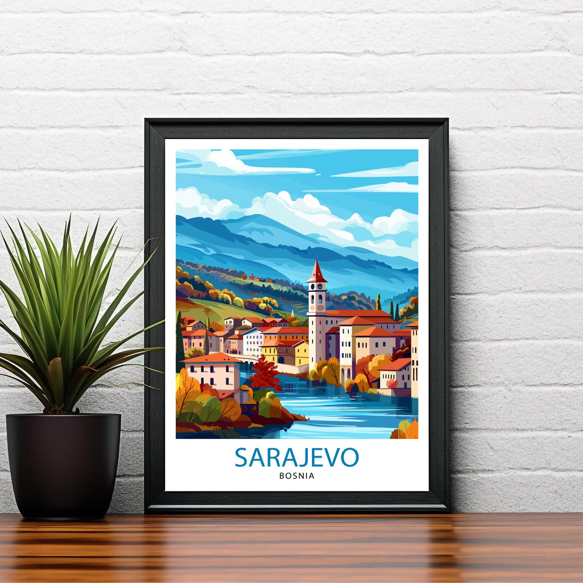 Sarajevo Bosnia Riverside Old Town Mountains Travel Beautiful Poster - Image 2