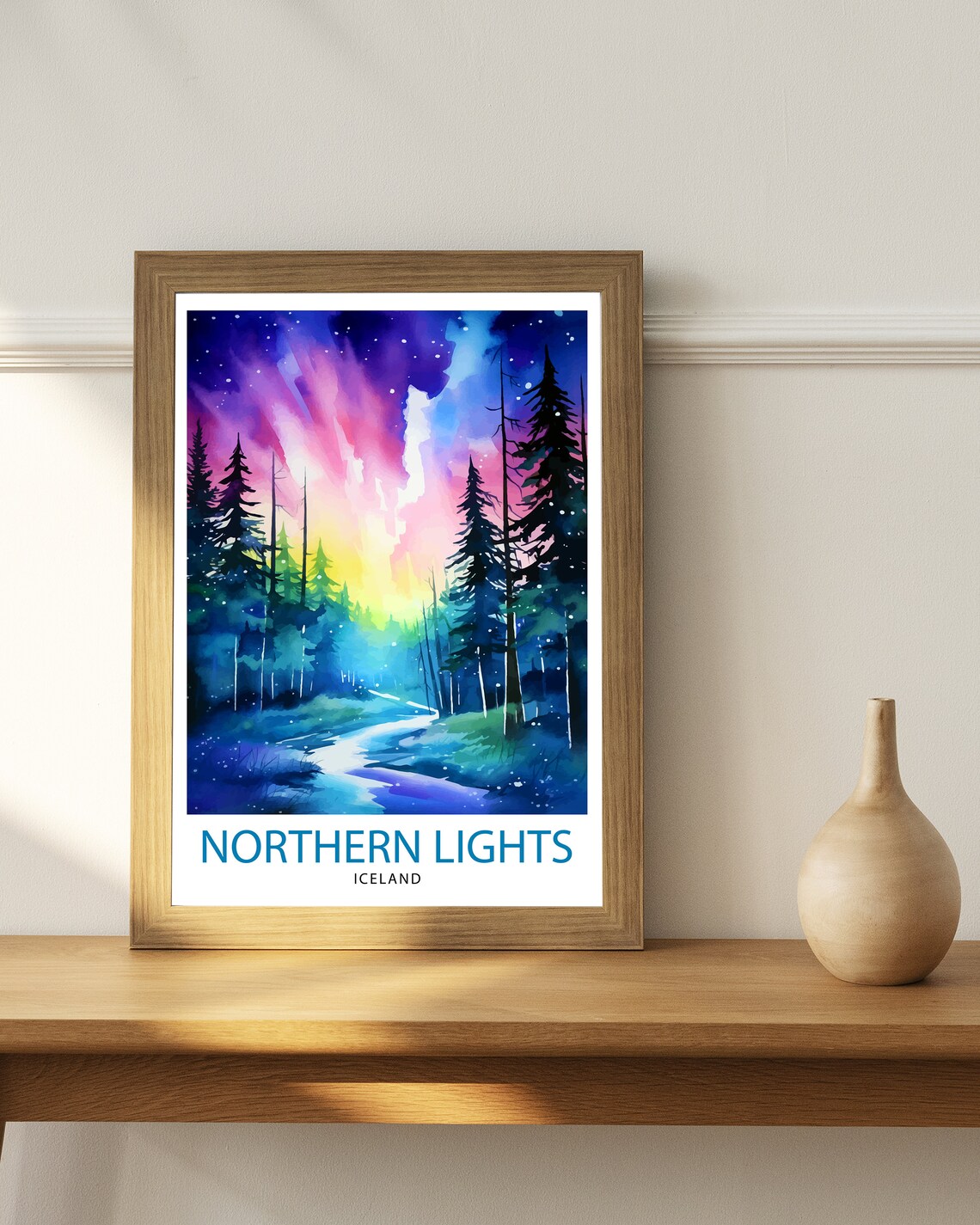 Northern Lights Iceland Aurora Forest Stars Watercolor Travel Poster - Image 3