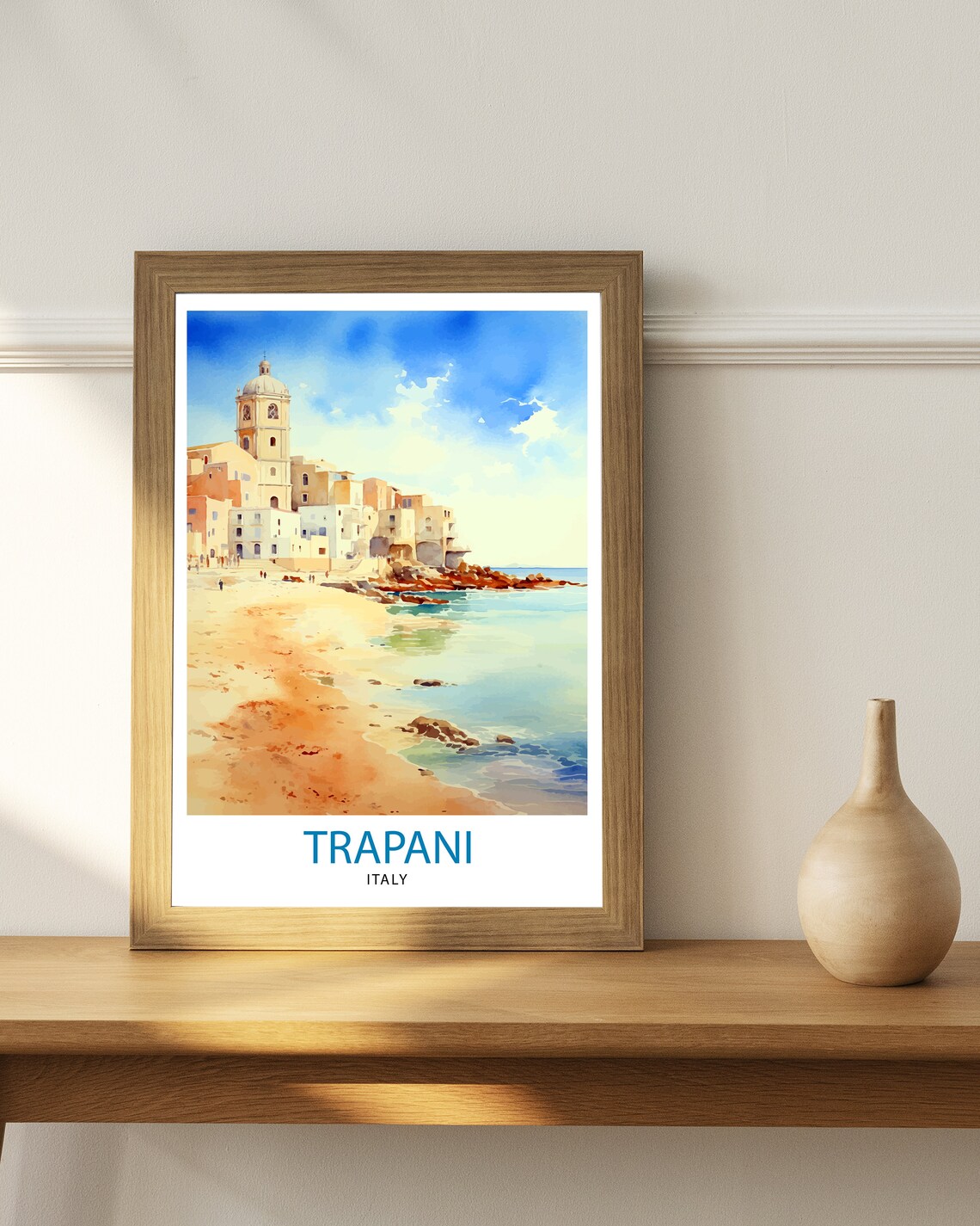 Trapani Sicily Italy Watercolor Beach Church Tower Coastal Poster - Image 3