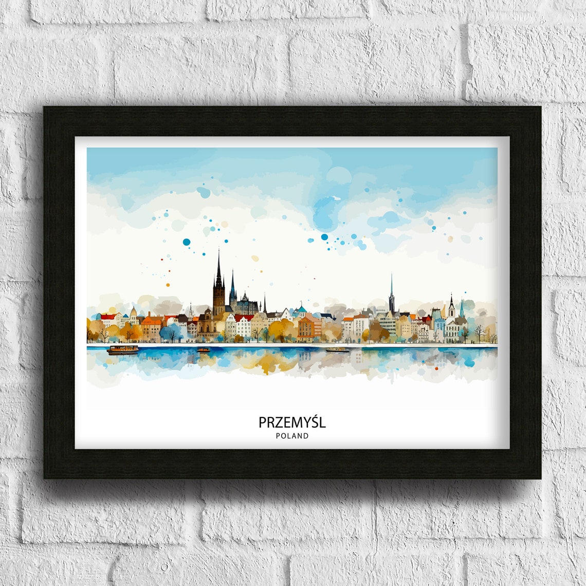 Przemysl Poland Watercolor Old Town Skyline River View Poster - Image 3