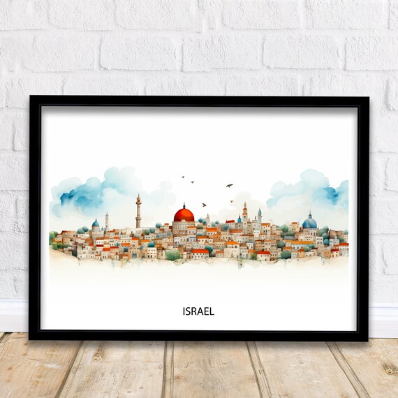 Israel Travel Print Watercolor City Skyline Dome Minarets Decor