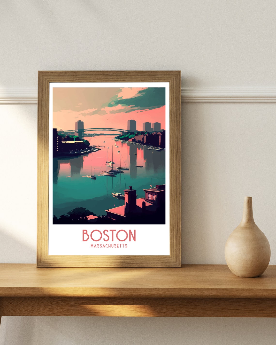 Boston Massachusetts Sunset Harbor Skyline Sailboat Art Poster - Image 2