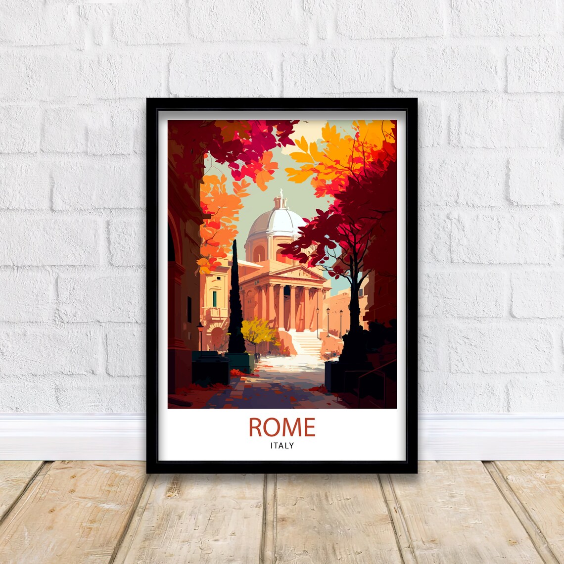 Rome Italy Domed Church Autumn Trees Old Street Travel Poster - Image 2