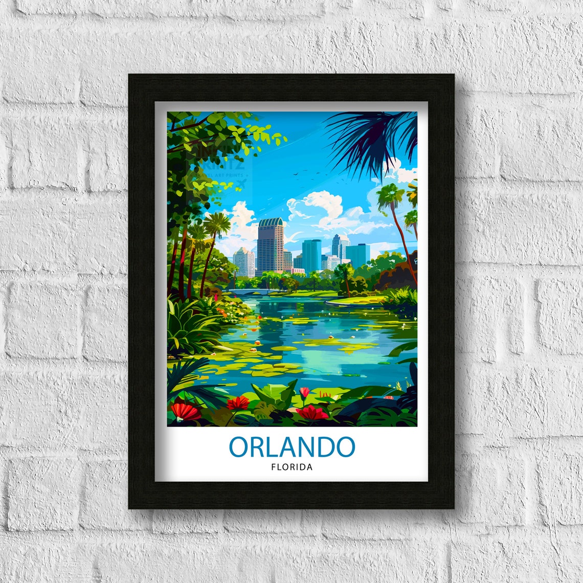 Orlando Florida Skyline Lily Pond Palms Tropical City Poster - Image 3