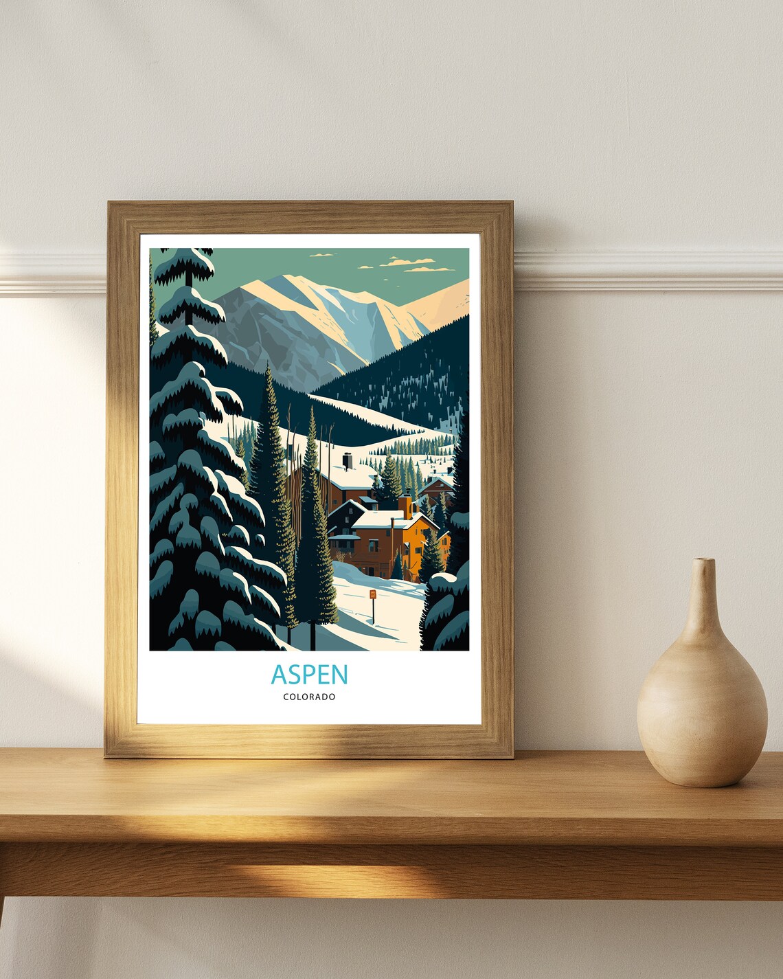 Aspen Colorado Snowy Ski Village Pines Retro Winter Travel Poster - Image 2